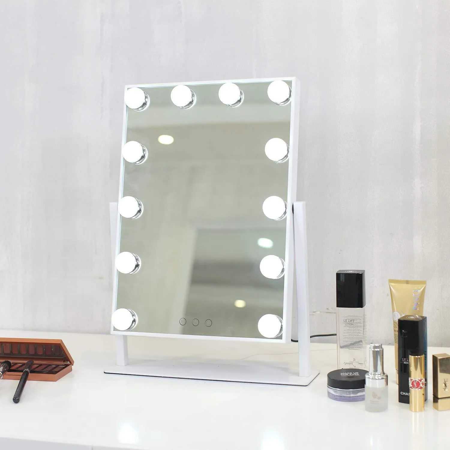 HOLLYWOOD MIRROR Y5003001-3040 Lighted Vanity, Three-Tone Dimmer Makeup Mirror, 12" W x 16" H, White