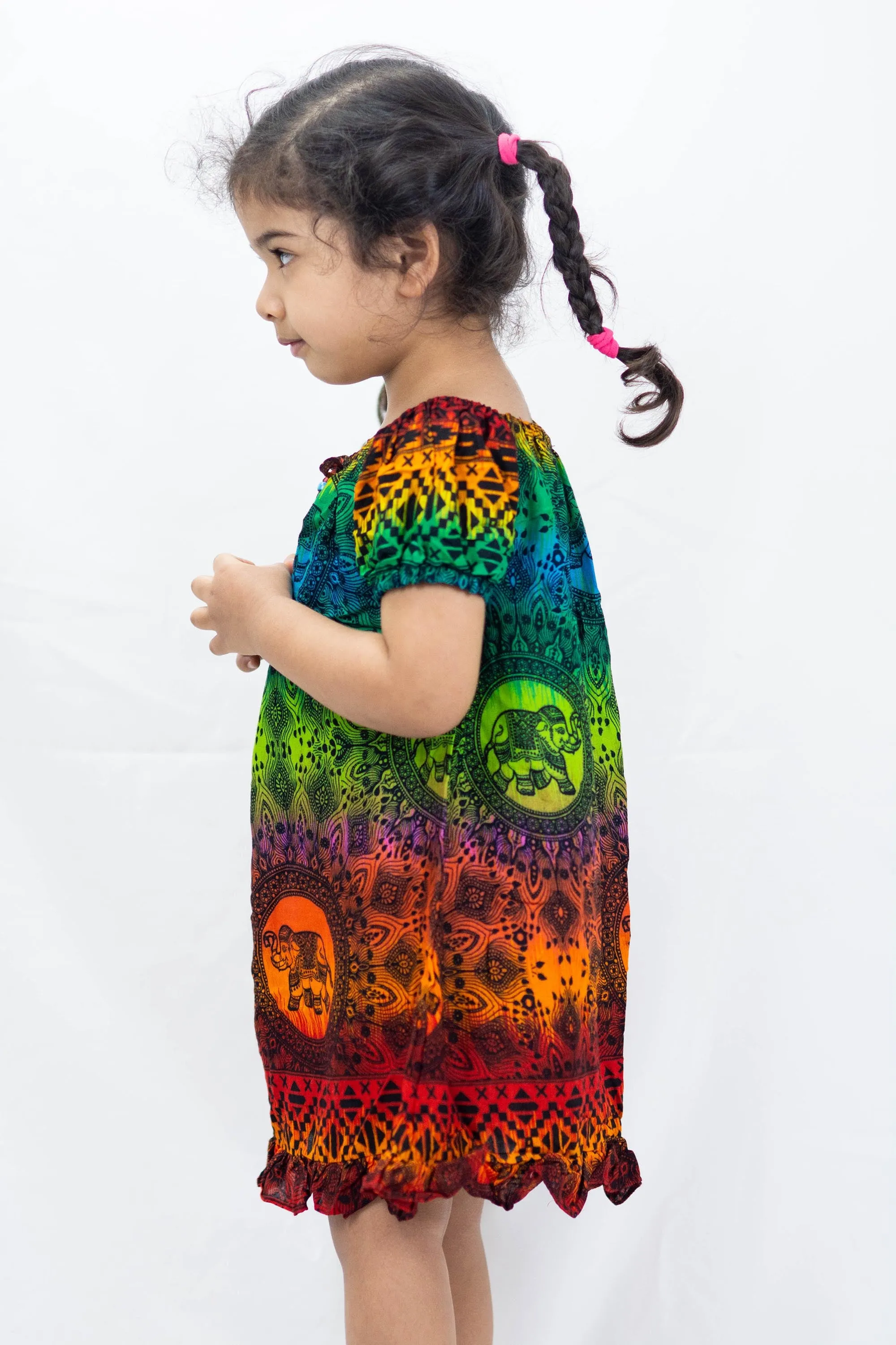 Kids Rainbow Elephant Dress in Orange