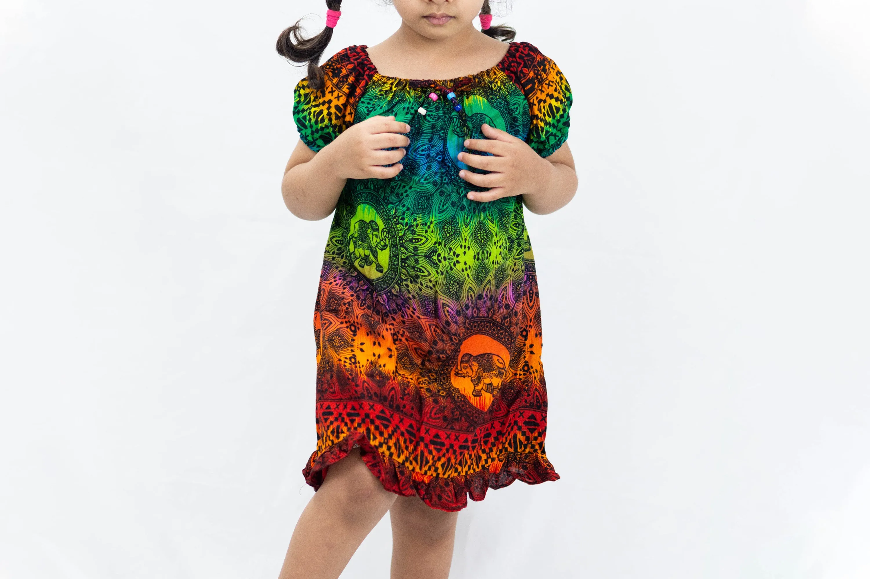 Kids Rainbow Elephant Dress in Orange