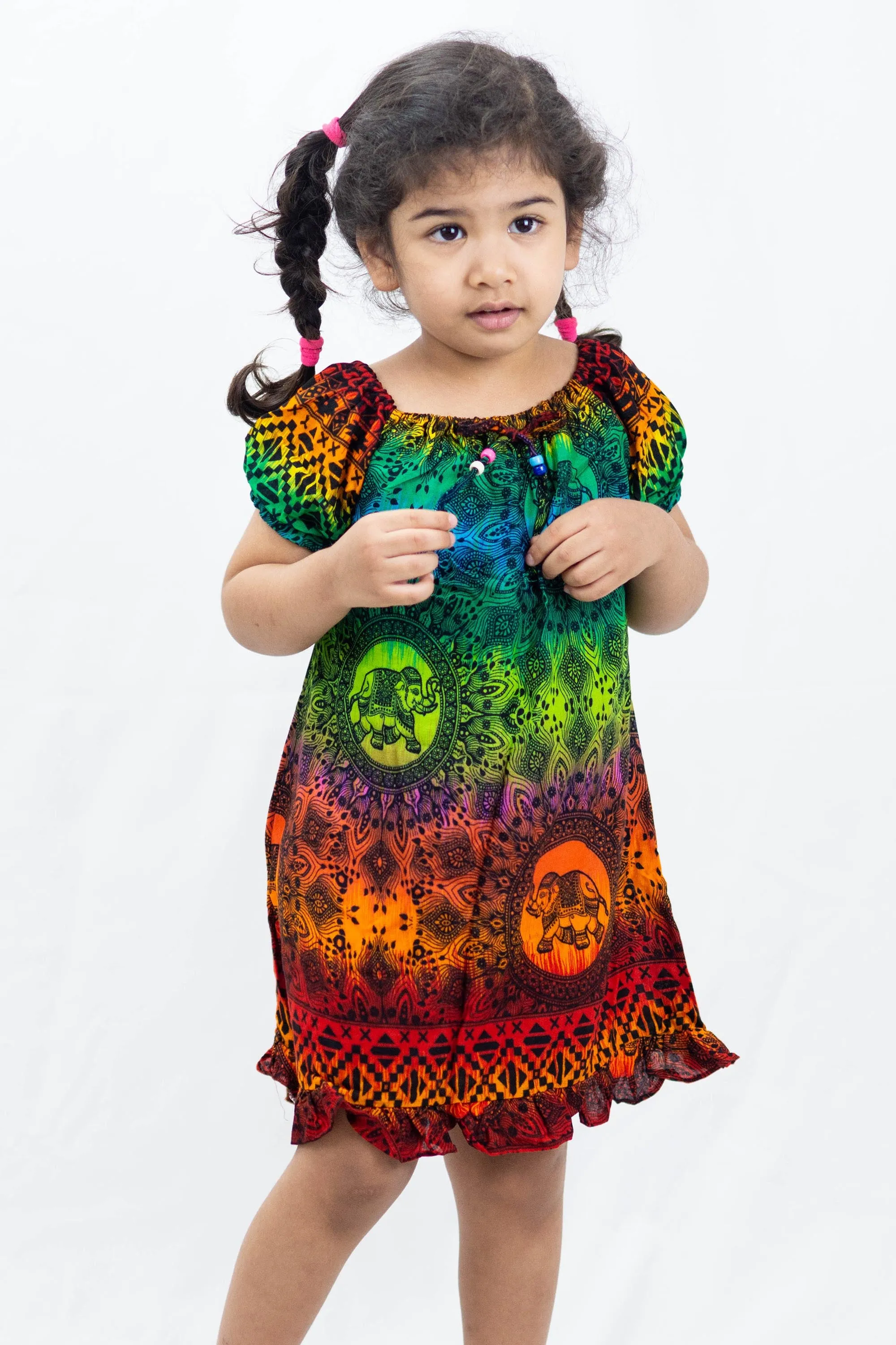 Kids Rainbow Elephant Dress in Orange