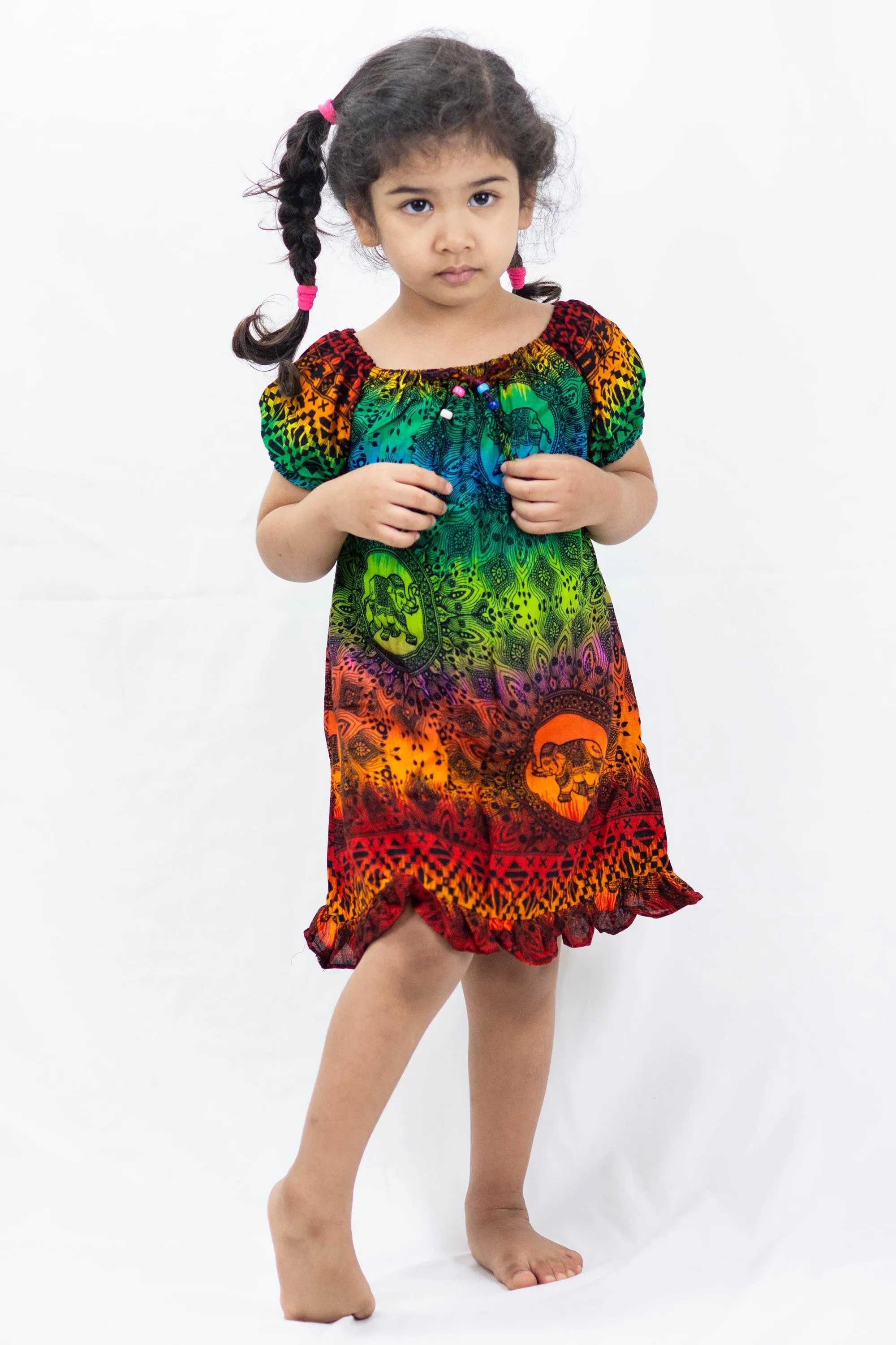 Kids Rainbow Elephant Dress in Orange