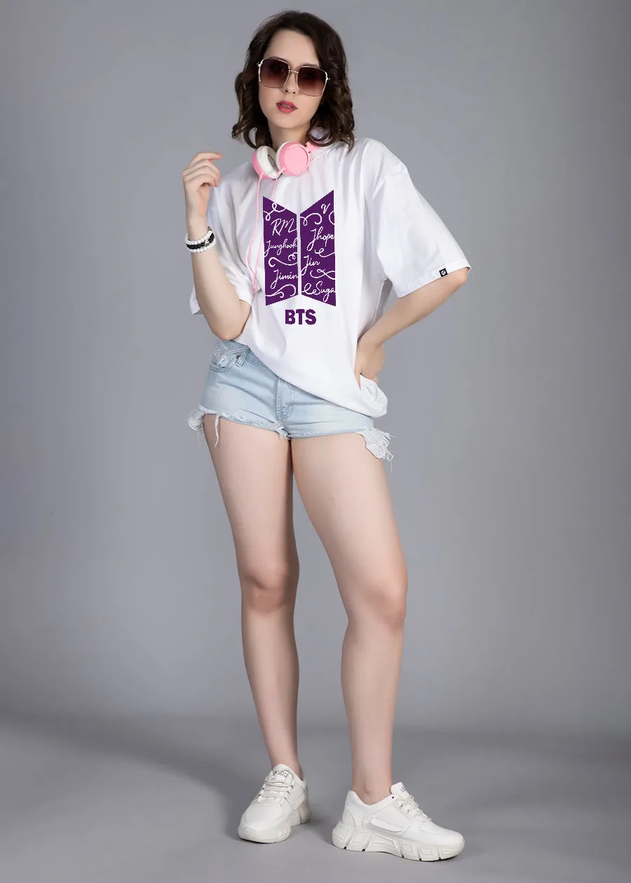 Korean Army White Printed Oversized T-shirt For Women | Pronk