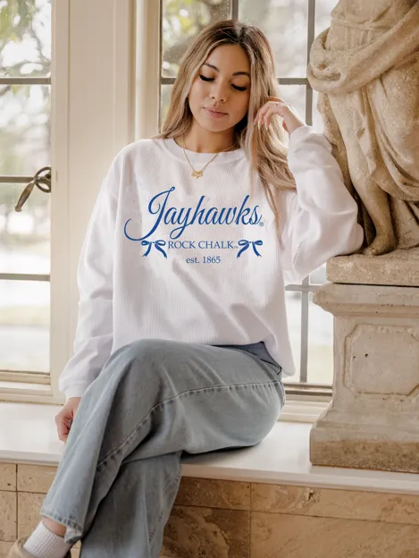 KU Jayhawks Established Bows White Corded Crew Sweatshirt