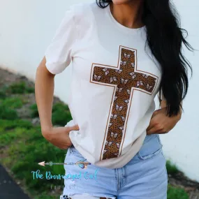 Leopard Butterfly Cross Vintage White Short Sleeve Tee