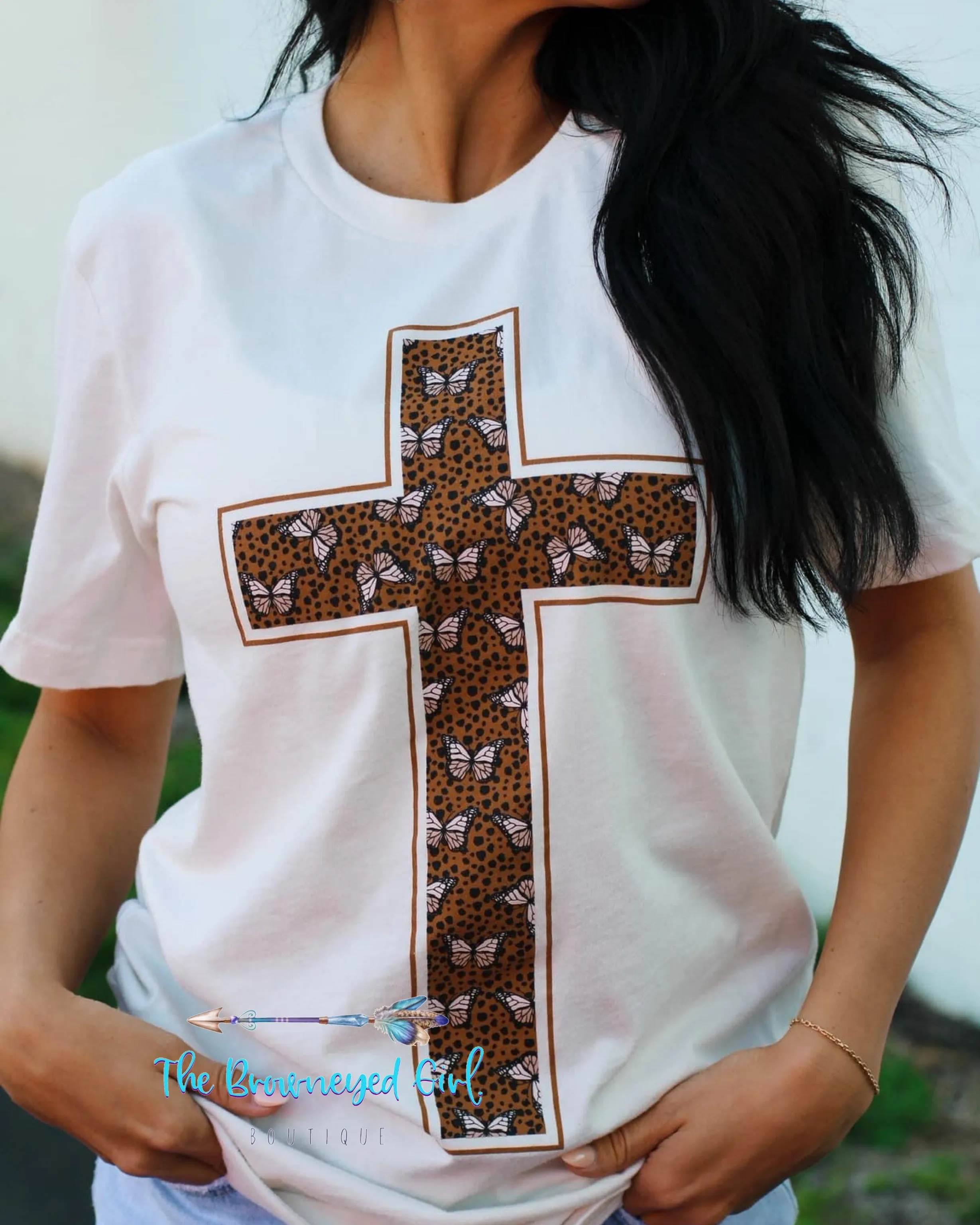 Leopard Butterfly Cross Vintage White Short Sleeve Tee