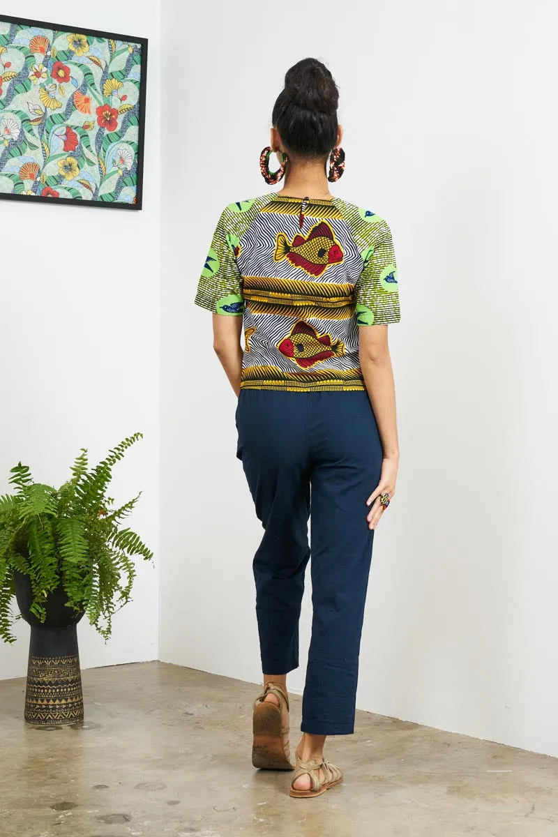 Medley Top - White Fish & Green Speed bird print