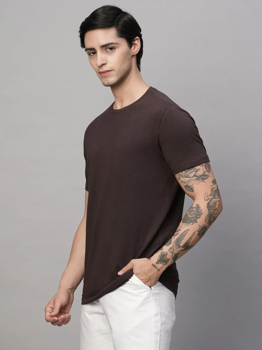 Men's Dark Brown Cotton Bamboo Elastane Regular Fit Tshirt