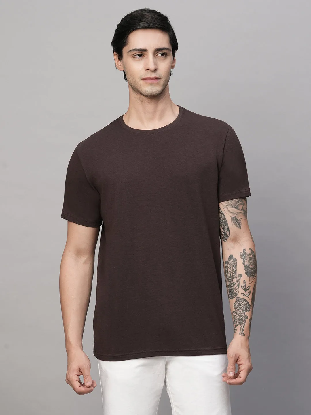 Men's Dark Brown Cotton Bamboo Elastane Regular Fit Tshirt