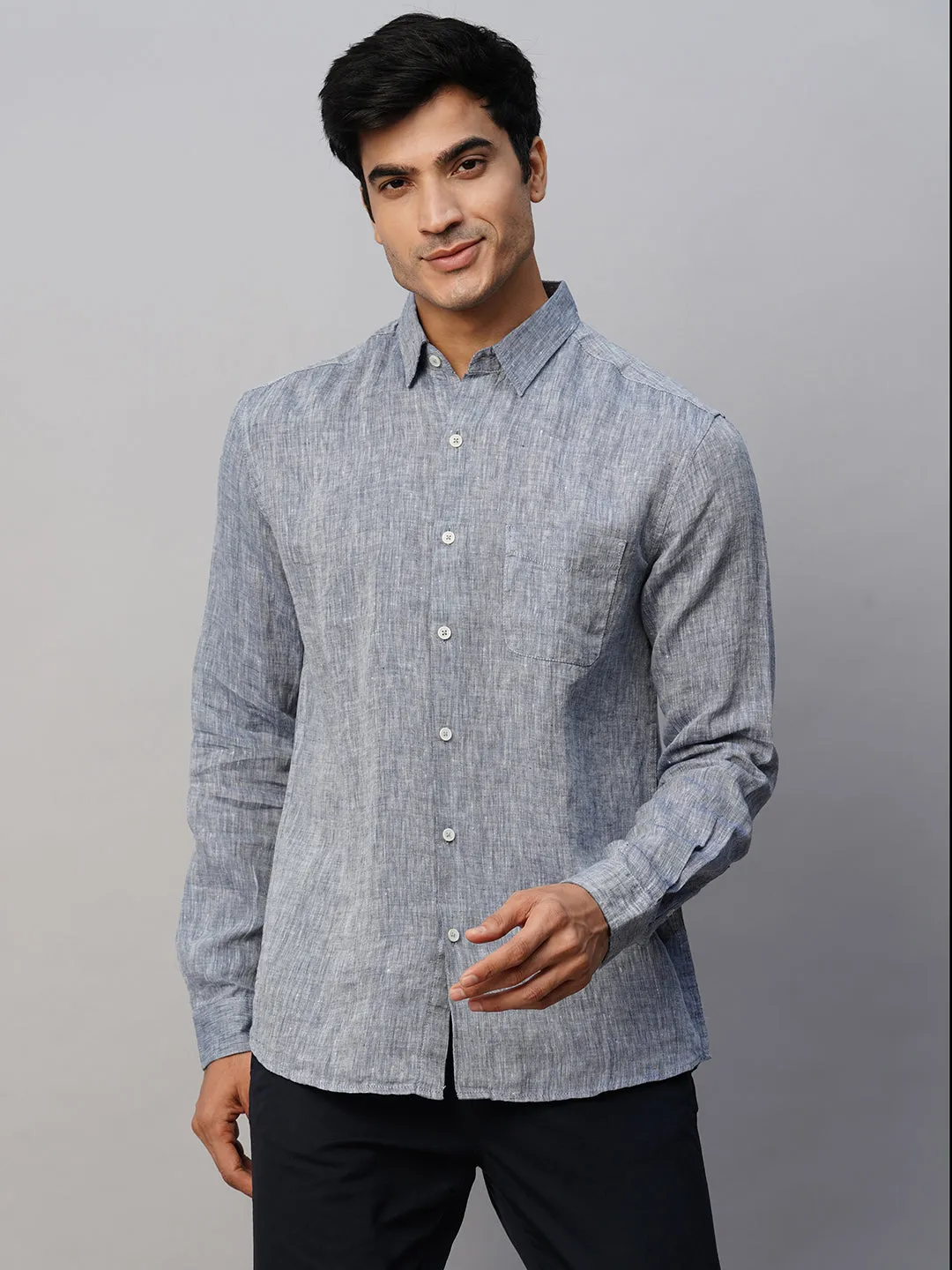 Men's Navy 100% Linen Regular Fit Long Sleeved Shirt