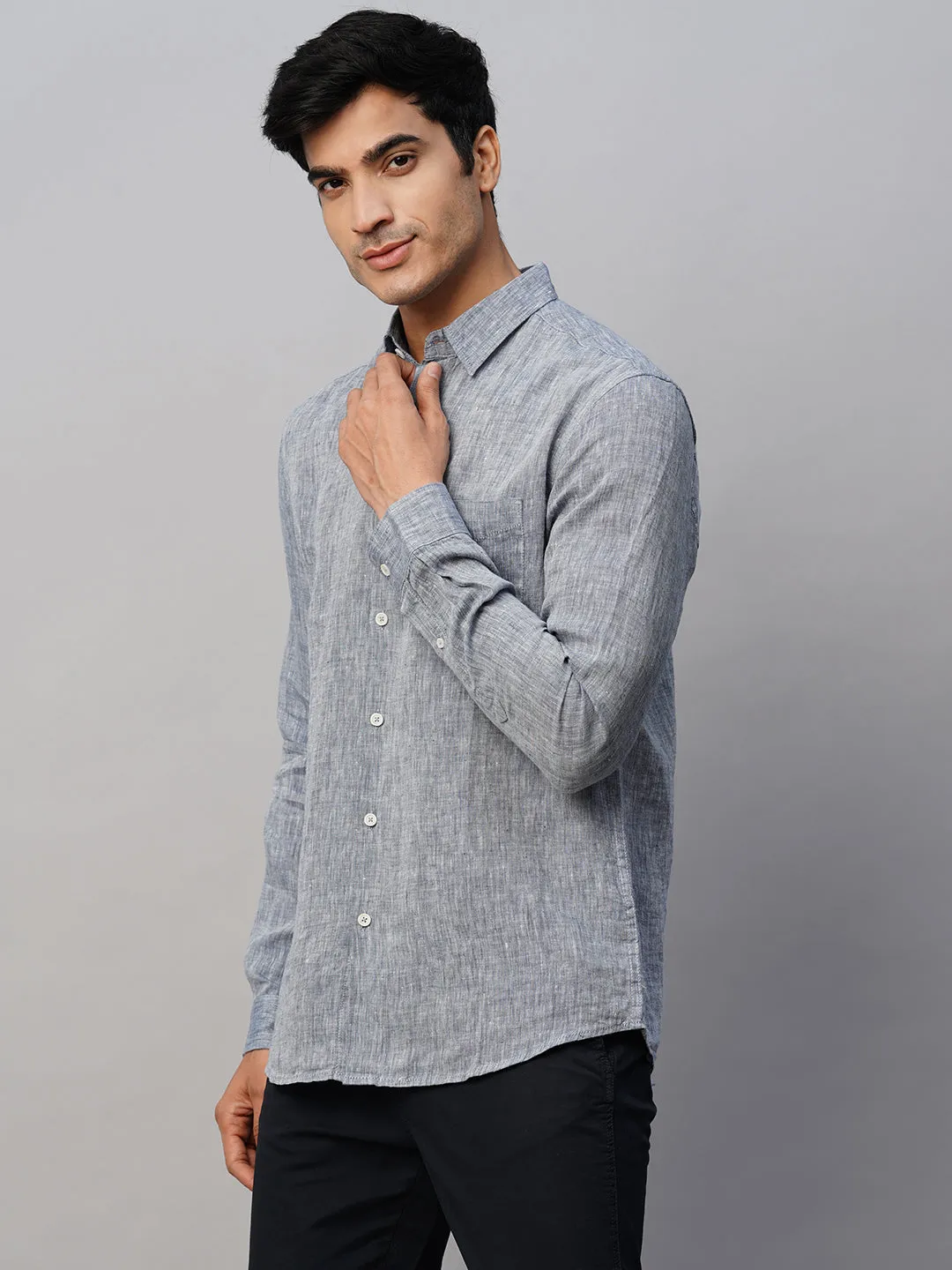 Men's Navy 100% Linen Regular Fit Long Sleeved Shirt