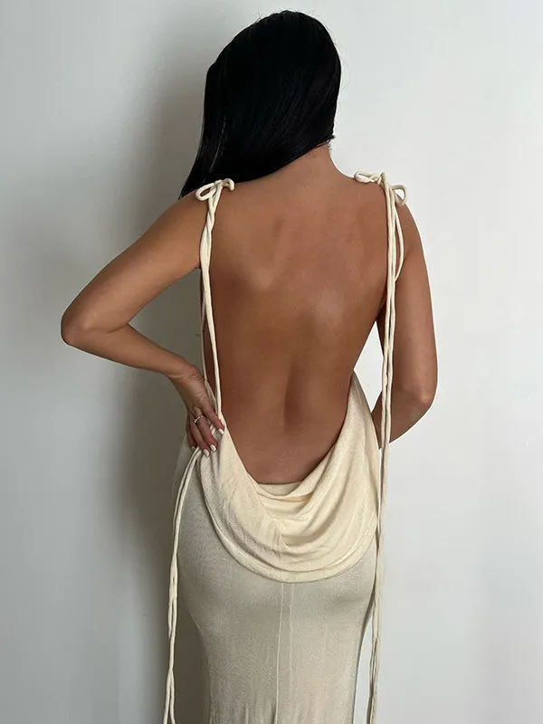 Momnfancy Apricot Spaghetti Strap Backless Photoshoot Bodycon Lace Up Maternity Maxi Dress