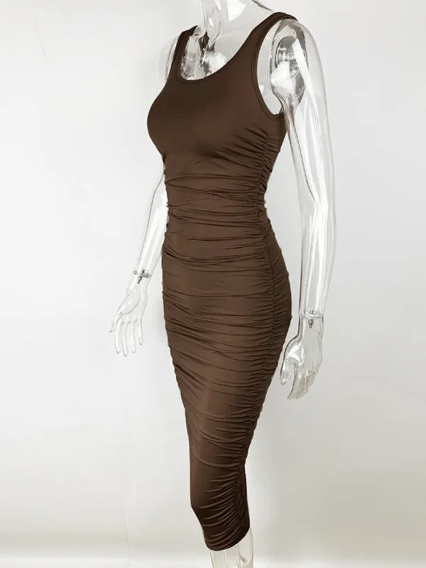 Momnfancy Brown Solid Color Ruched Bodycon Fashion Party Club Baby Shower Maternity Midi Dress