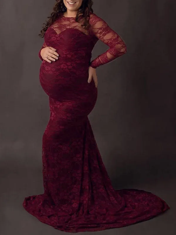 Momnfancy Lace Round Neck Long Sleeve Bodycon Floor Length Solid Color Maternity Photoshoot Dress