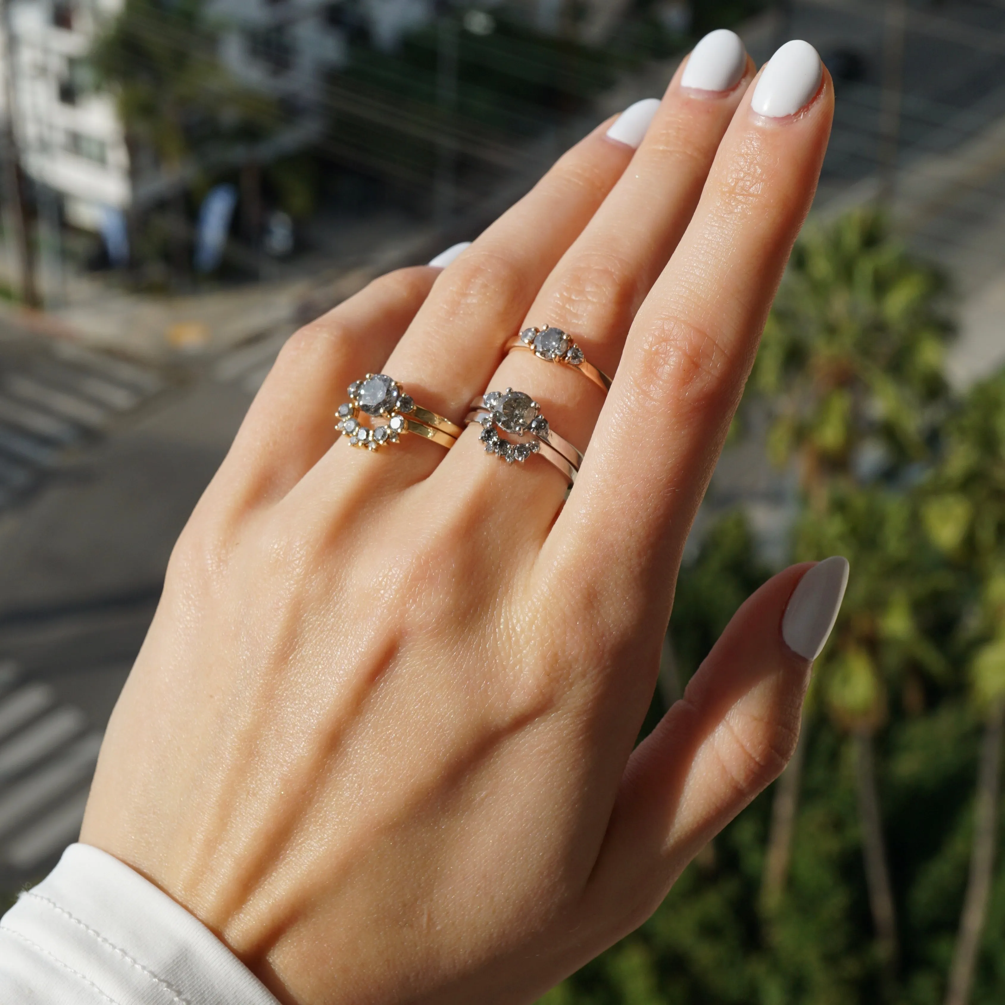 Natural Grey Diamond Wedding Ring White Gold - Salt and Pepper Diamond Ring -Three Stone Diamond Ring