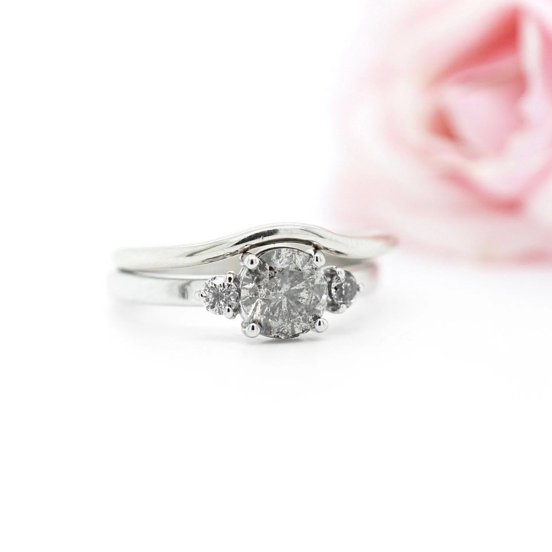 Natural Grey Diamond Wedding Ring White Gold - Salt and Pepper Diamond Ring -Three Stone Diamond Ring