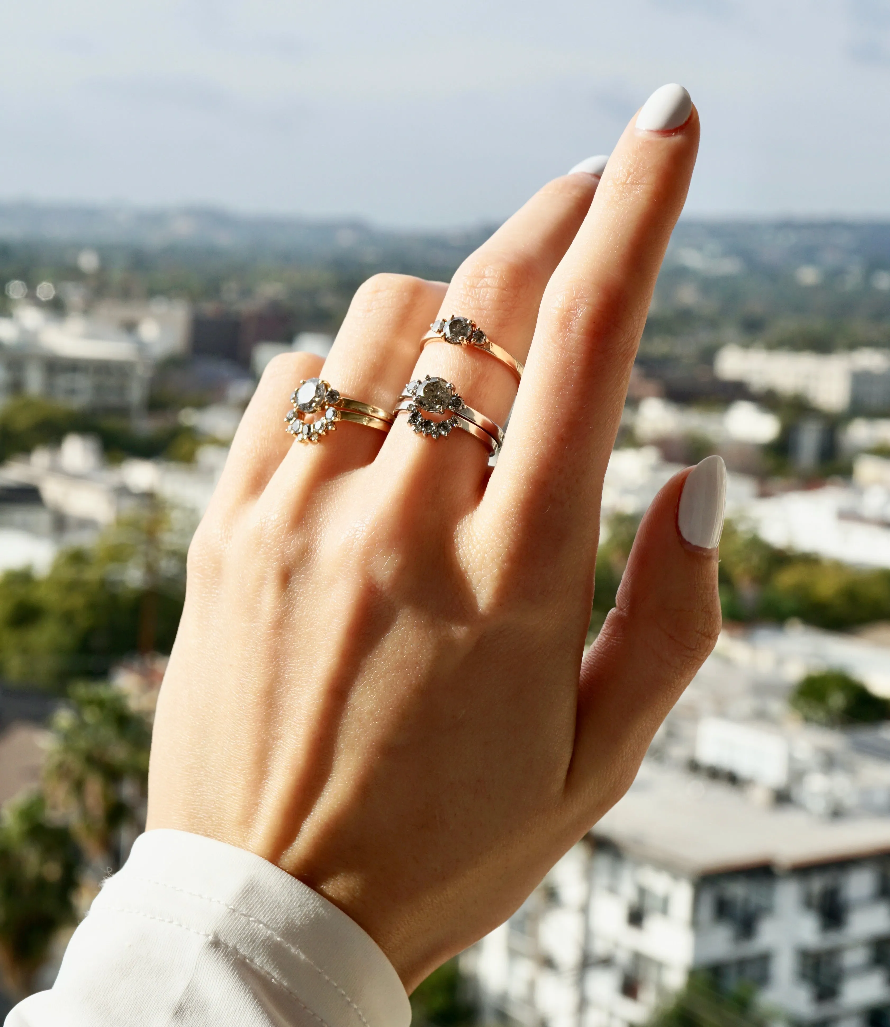 Natural Grey Diamond Wedding Ring White Gold - Salt and Pepper Diamond Ring -Three Stone Diamond Ring