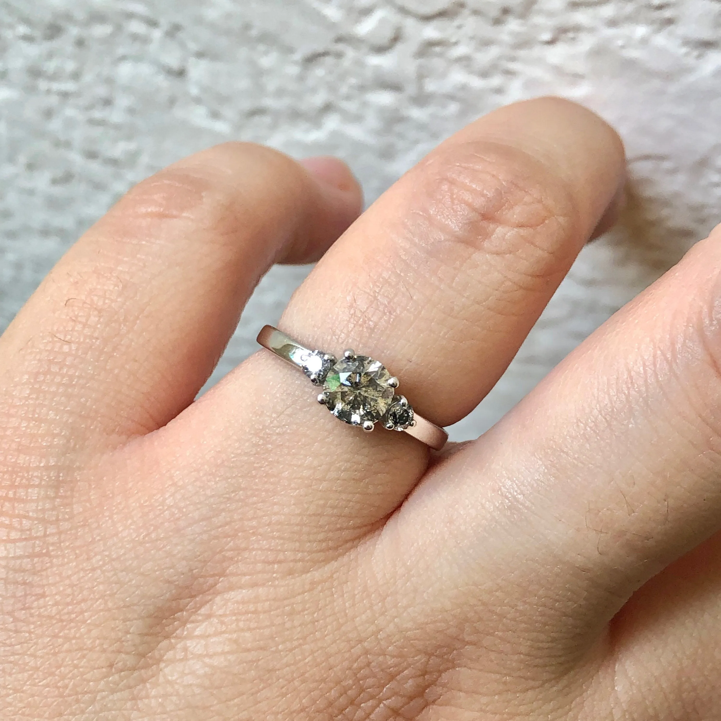 Natural Grey Diamond Wedding Ring White Gold - Salt and Pepper Diamond Ring -Three Stone Diamond Ring