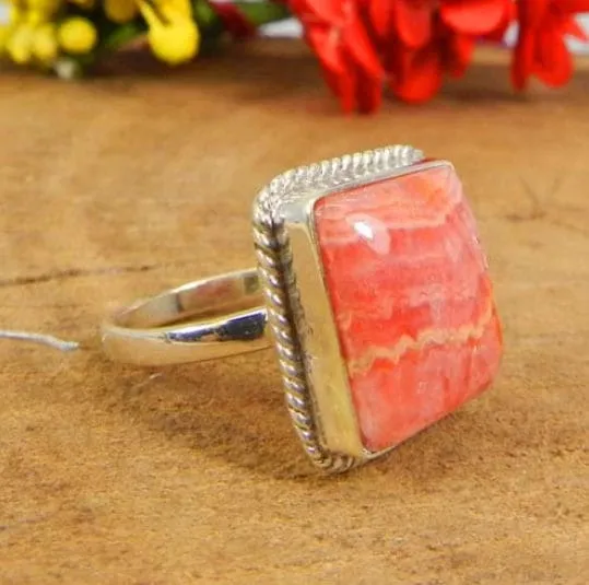 Natural Rhodochrosite Gemstone Cabochon Twisted Wire Designer Ring