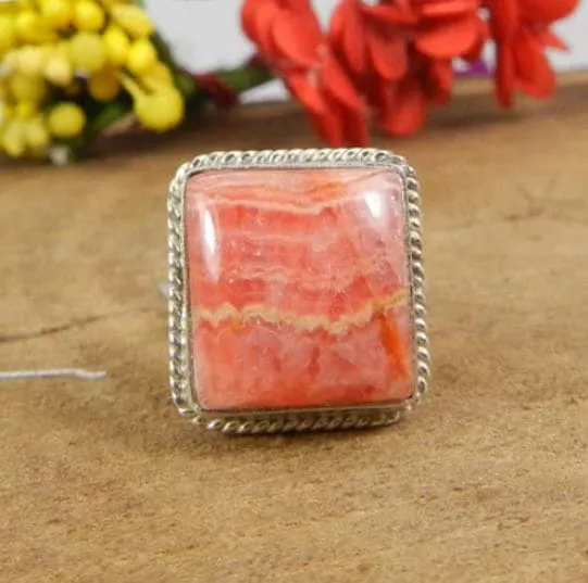 Natural Rhodochrosite Gemstone Cabochon Twisted Wire Designer Ring