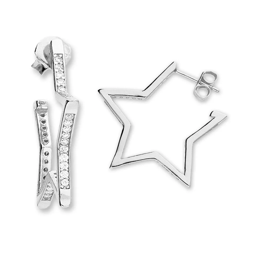 NEW: Silver Star Hoop Earrings Crystal Zirconia , Star Stud Hoops, 27mm