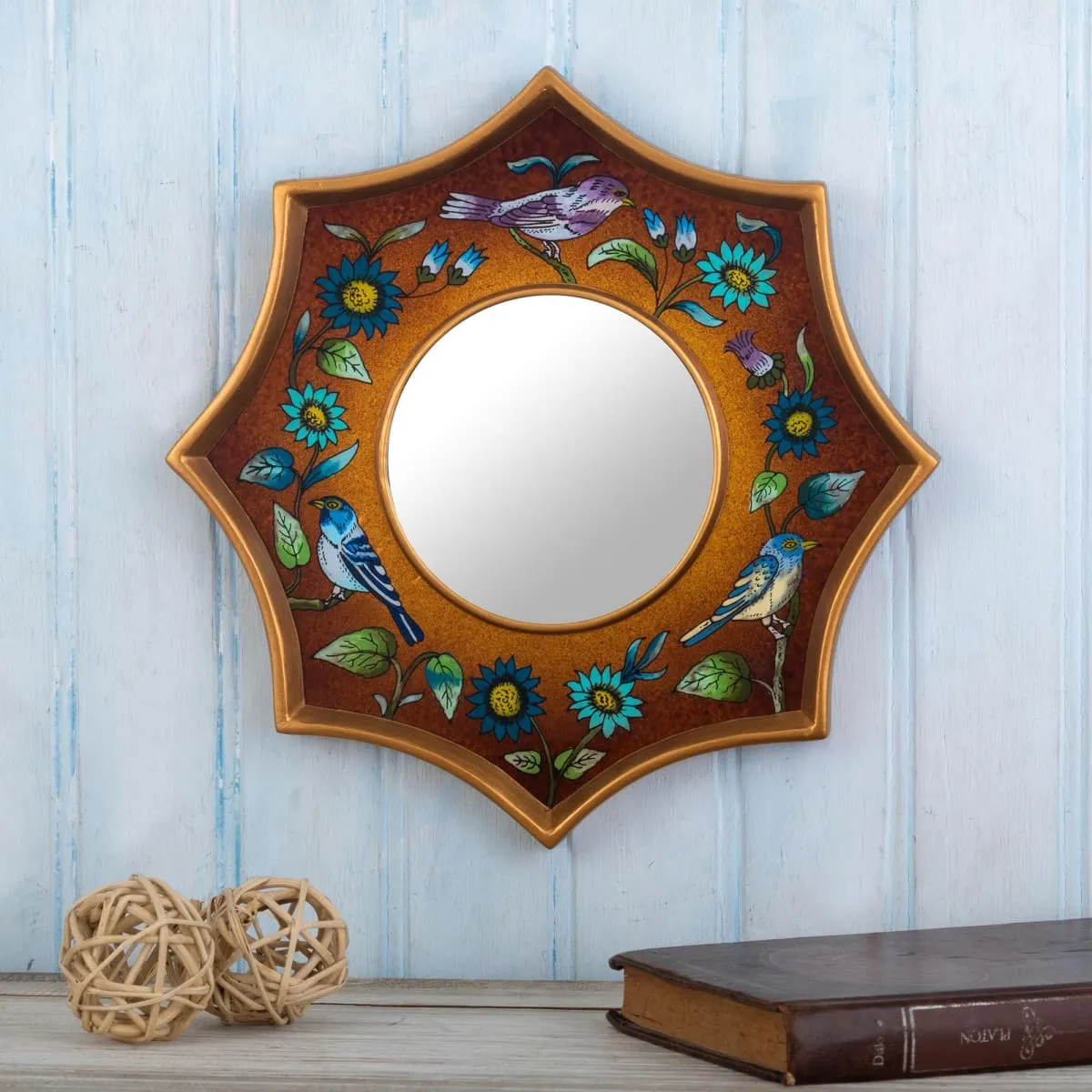 Novica Birds Of Peru In Nutmeg Reverse-Painted Glass Wall Accent Mirror