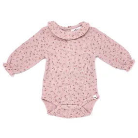 oh baby! Ruffle Collar Waffle Knit Onesie - Roses - Blush