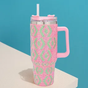 Pink and Green Bling Studded Abstract Patterned 40oz Stainless Steel Tumbler