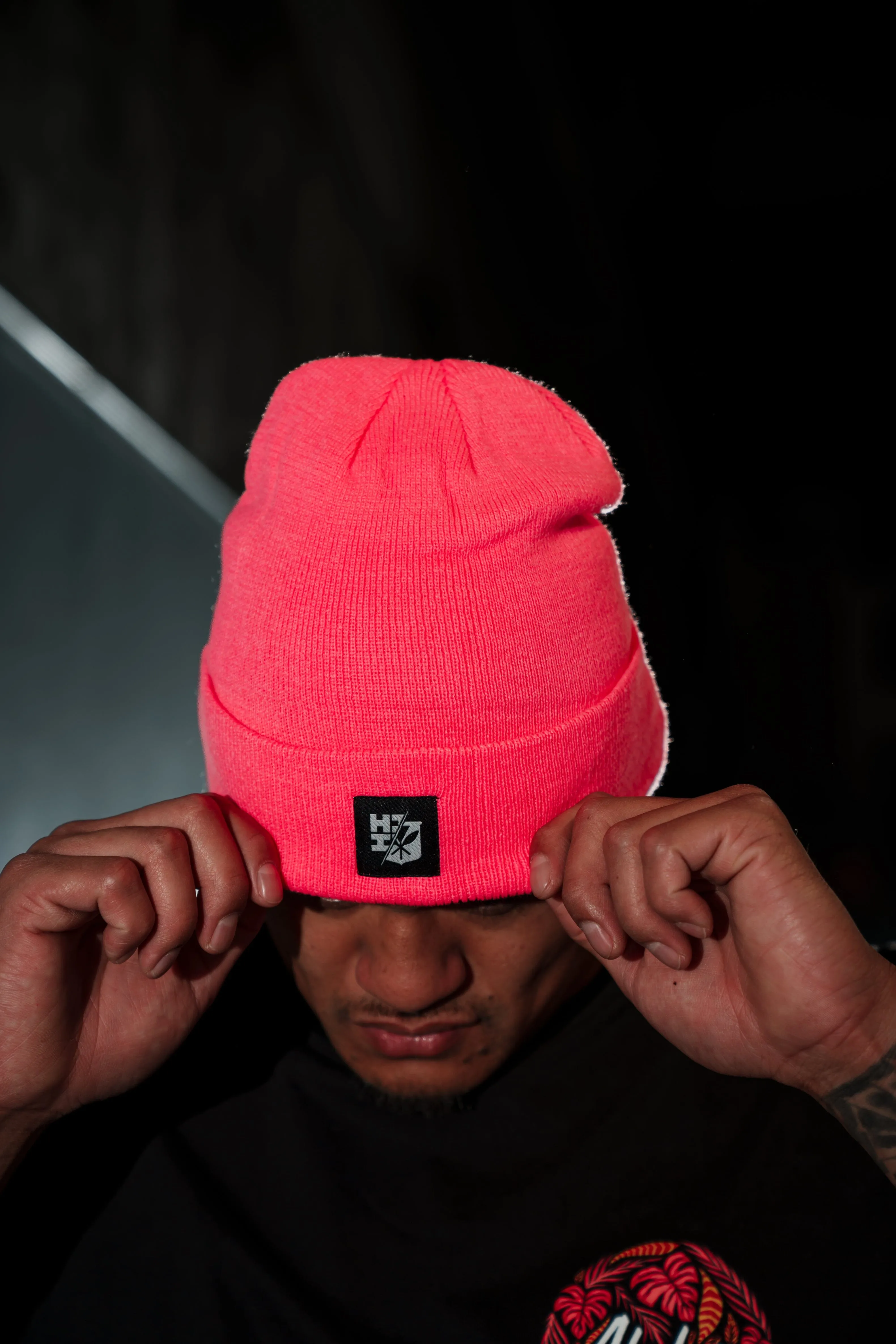 PINK SPLIT LOGO PATCH BEANIE (ALL SALES FINAL)