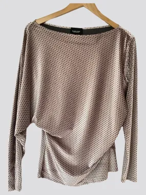 Pink velvet asymmetrically draped long sleeved blouse