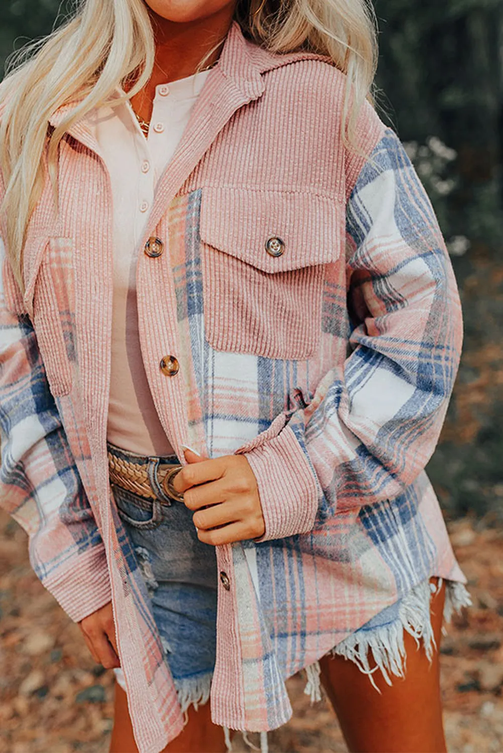 Plaid Corduroy Patchwork Chest Pocket Shacket