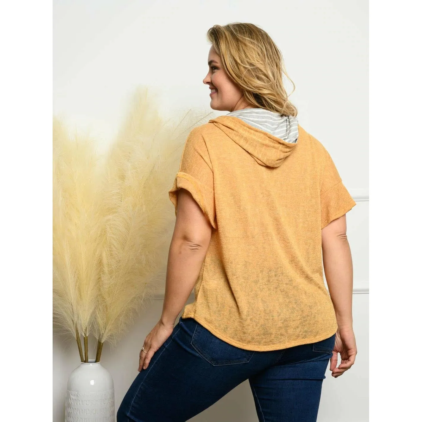 Plus size solid sleeve ruffle hoodie top