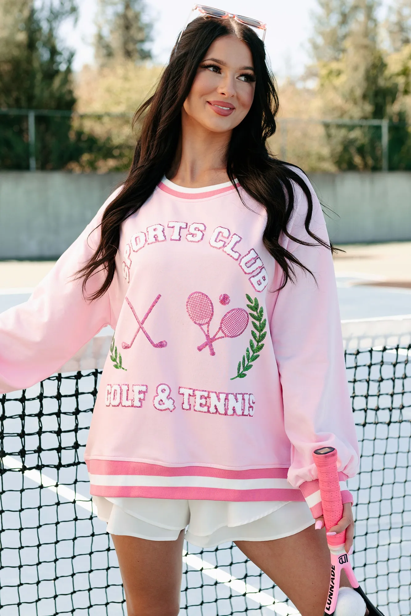 "Sports Club" Sequin Patch Sweatshirt (Light Pink)