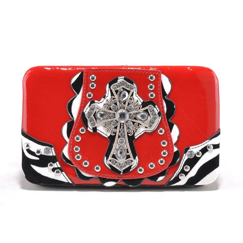 Rhinestone Cross Frame Wallet with Zebra Trim and Studs