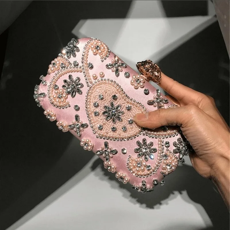 Rhinestone Flower Inlay Heart Pattern Clutch Square Evening Bag