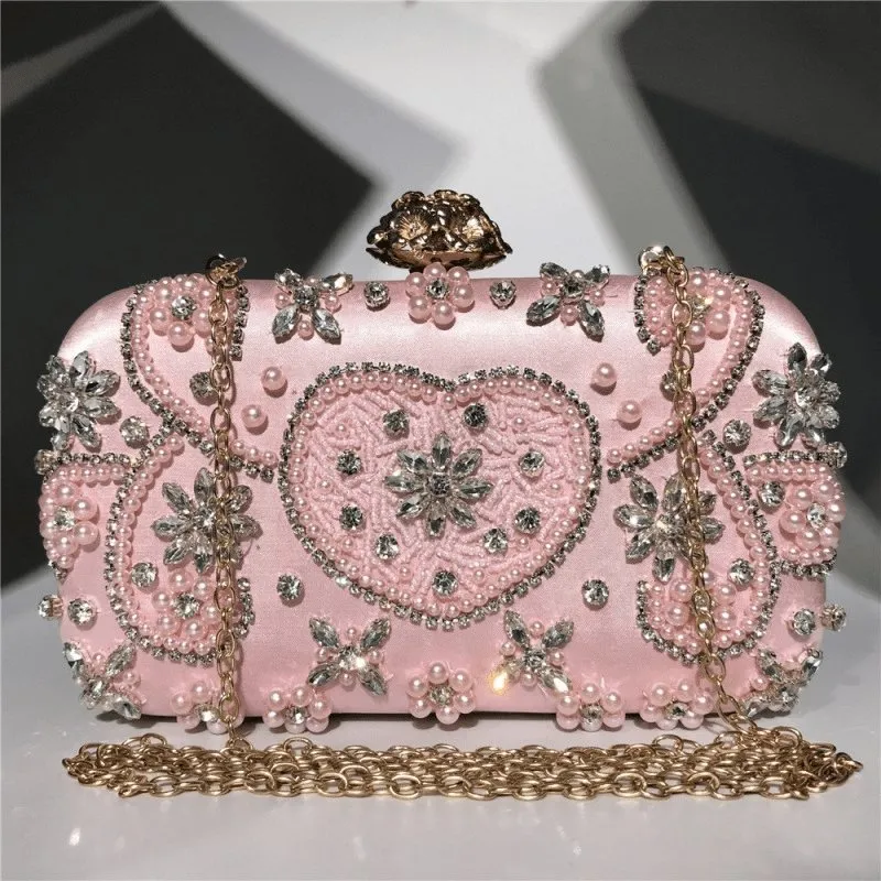 Rhinestone Flower Inlay Heart Pattern Clutch Square Evening Bag