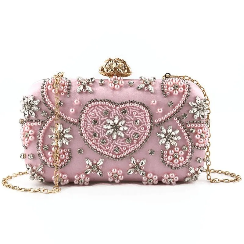 Rhinestone Flower Inlay Heart Pattern Clutch Square Evening Bag