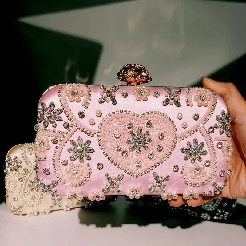 Rhinestone Flower Inlay Heart Pattern Clutch Square Evening Bag