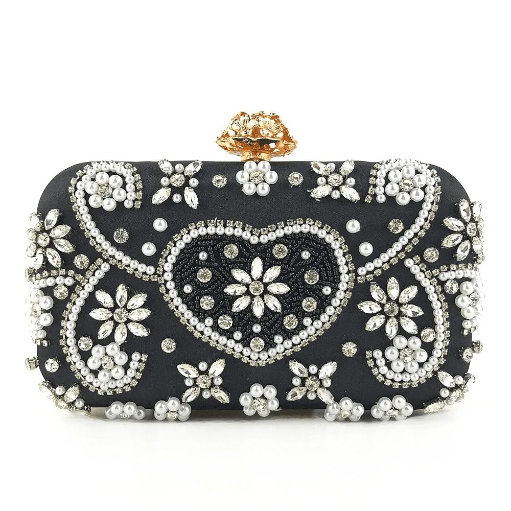 Rhinestone Flower Inlay Heart Pattern Clutch Square Evening Bag