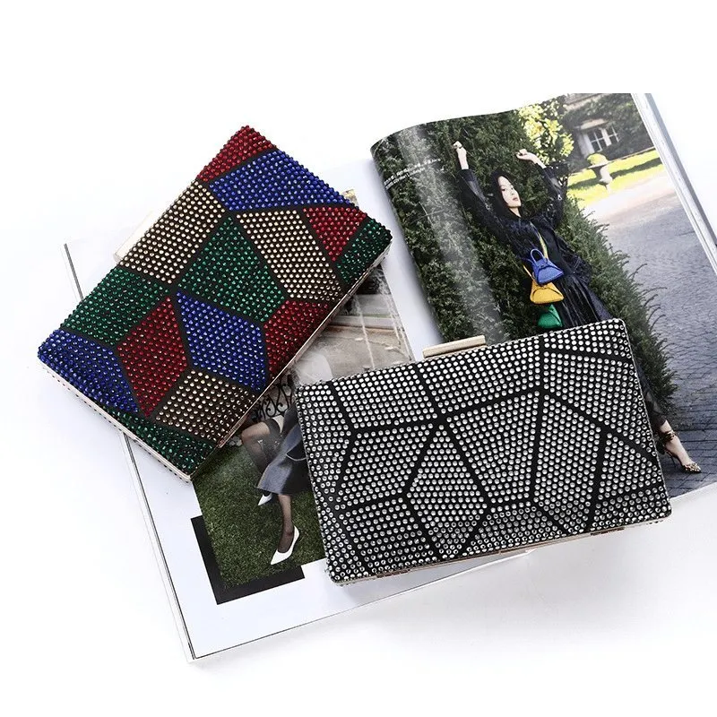 Rhinestone Inlay Color Blocking Clutch Square Evening Bag