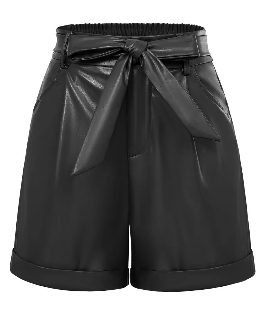 Seckill Offer⌛Leather High Waist Bow Elasticated Waist Shorts