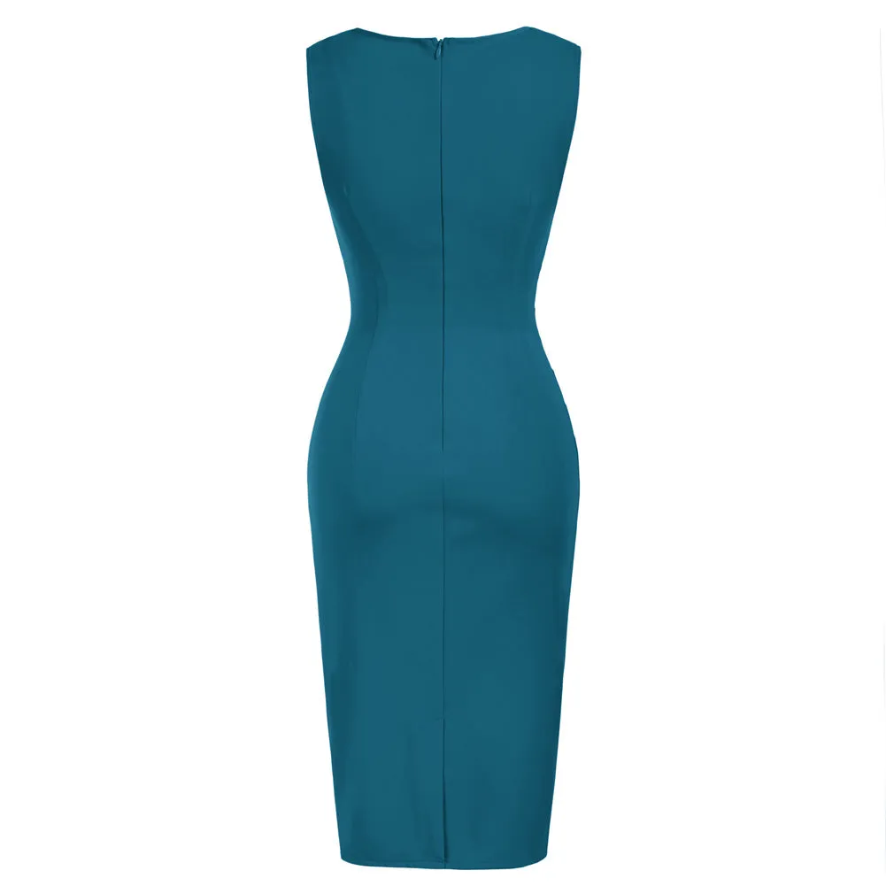 Seckill Offer⌛Vintage Ruched Bodycon Dress Sleeveless Surplice V-Neck Pencil Dress