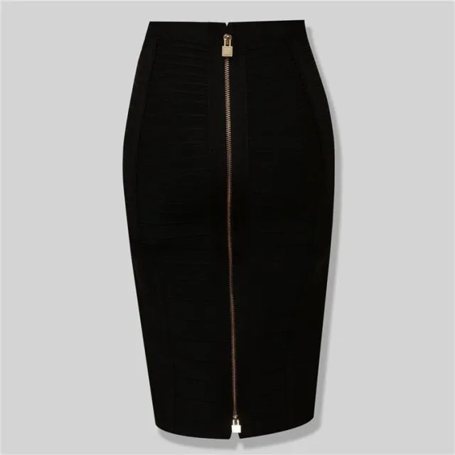 Sexy Solid Zip Up Bandage Skirt Women Elastic Bodycon Summer Pencil Skirt 58cm