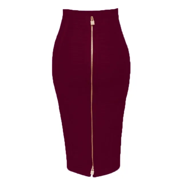 Sexy Solid Zip Up Bandage Skirt Women Elastic Bodycon Summer Pencil Skirt 58cm