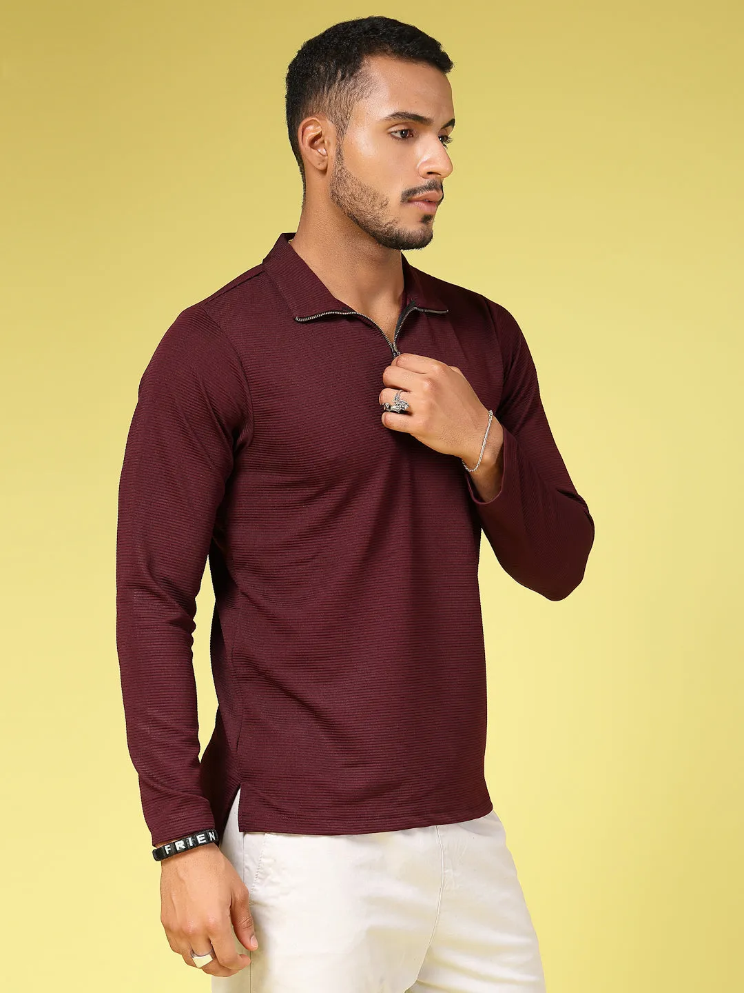 Solid Textured High Neck Zipper T-Shirt