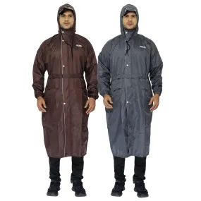 THE CLOWNFISH Combo Of 2 Reversible Use Unisex Waterproof Long Coats Raincoats for Men and Women with Adjustable Hood and Reflector at Back with Storage Bag Opener Series (Grey, Brown -Free Size)