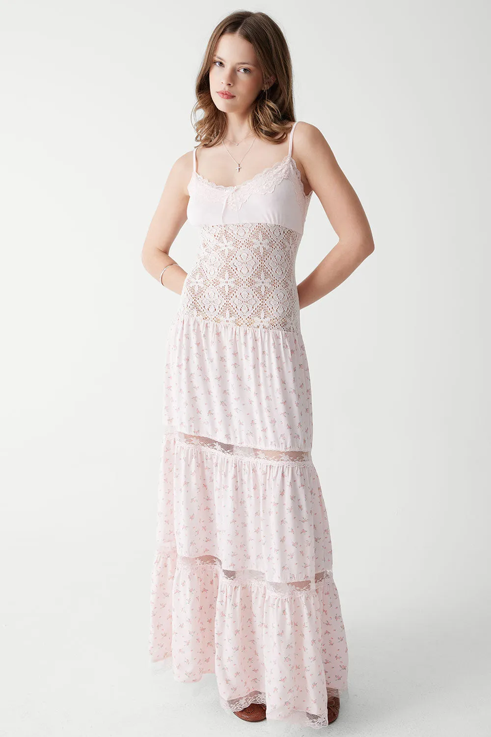 Vineyard Crochet Floral Maxi Dress - Baby Bouquet Pink