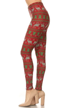 Women's Plus Christmas Red Green Reindeer Pattern Printed Leggings