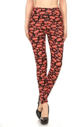 Women's PLUS Rugby Ball Pattern Printed Leggings - Football Black Red