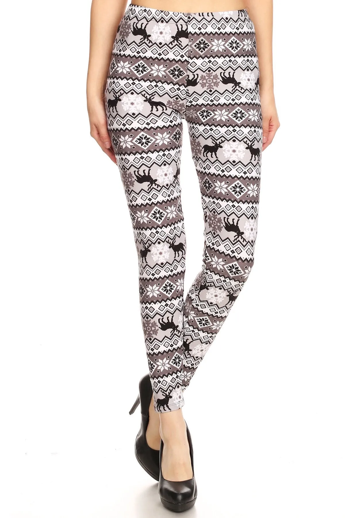 Women's Regular B&W Reindeer Fair Isle Pattern Printed Leggings