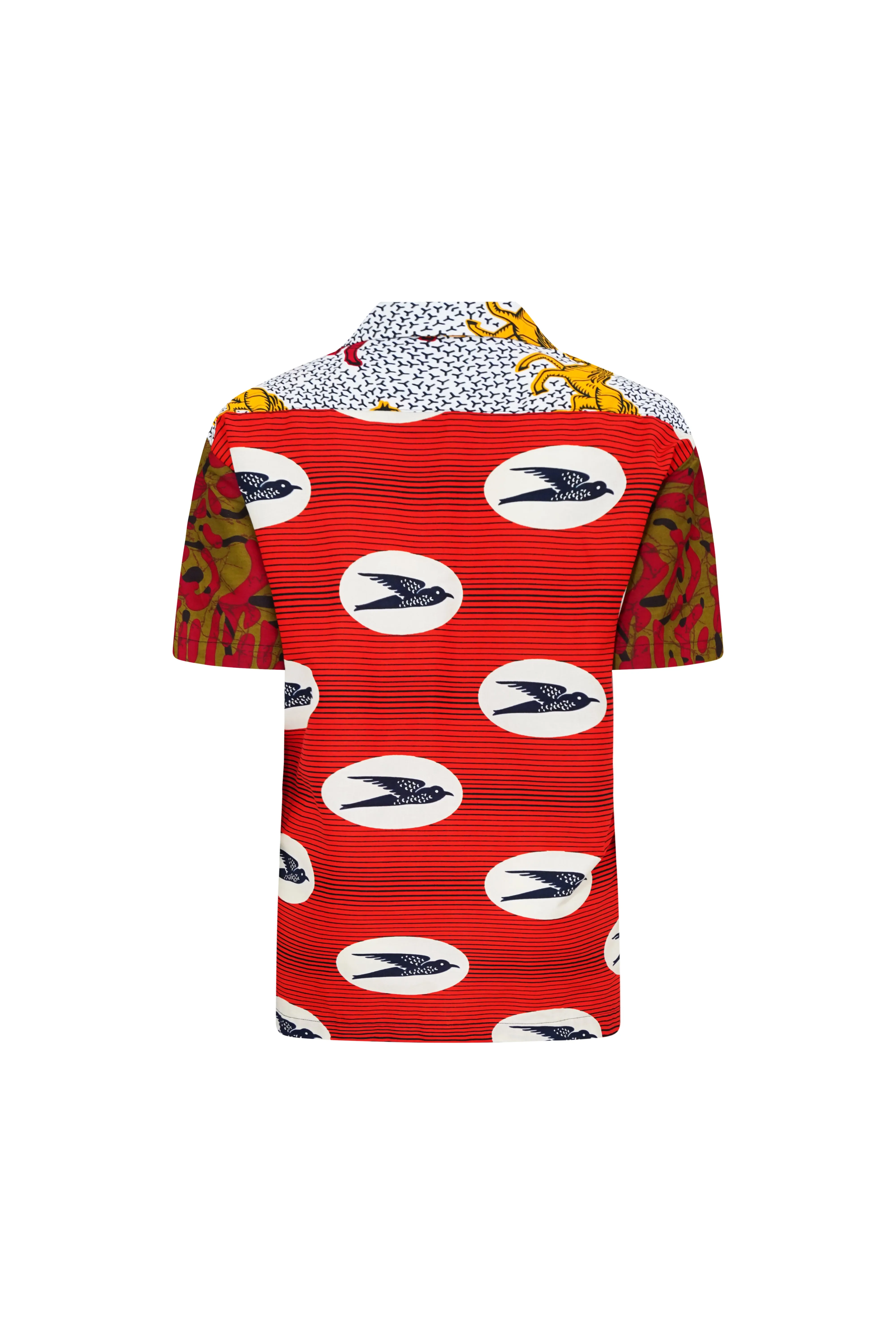 Zika Loose fit Bowling Collar Unisex Shirt - Mix Match Horses/Speedbird Red White and Yellow African Ankara Wax Cotton Print